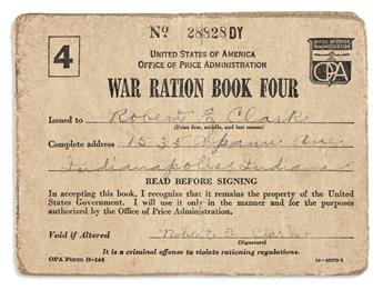 INDIANA, ROBERT. His 1944 war ration book and 9 membership cards to museums and elsewhere, each Signed, RIndiana, Robert E. Clark,